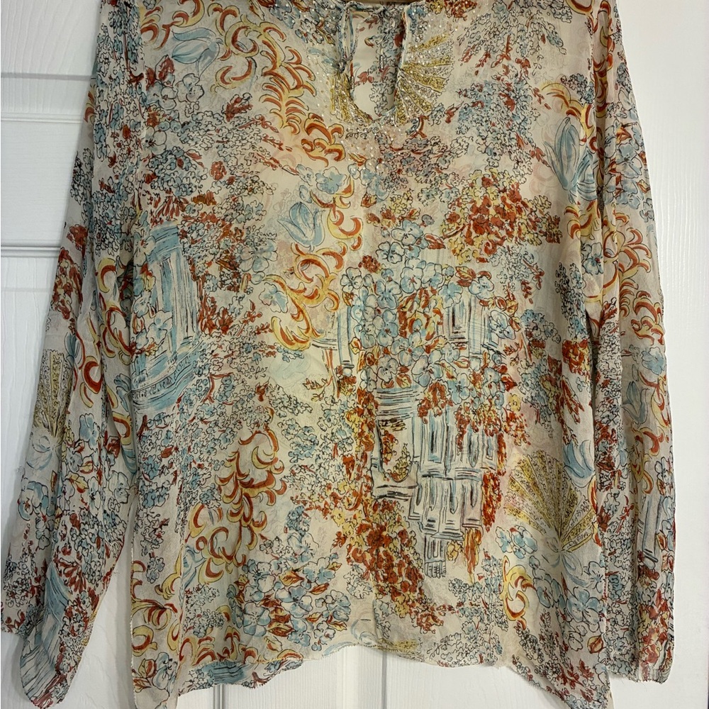 CAbi 100% Silk Sheer 
 Multicolor Floral Top Minimalist Y2K